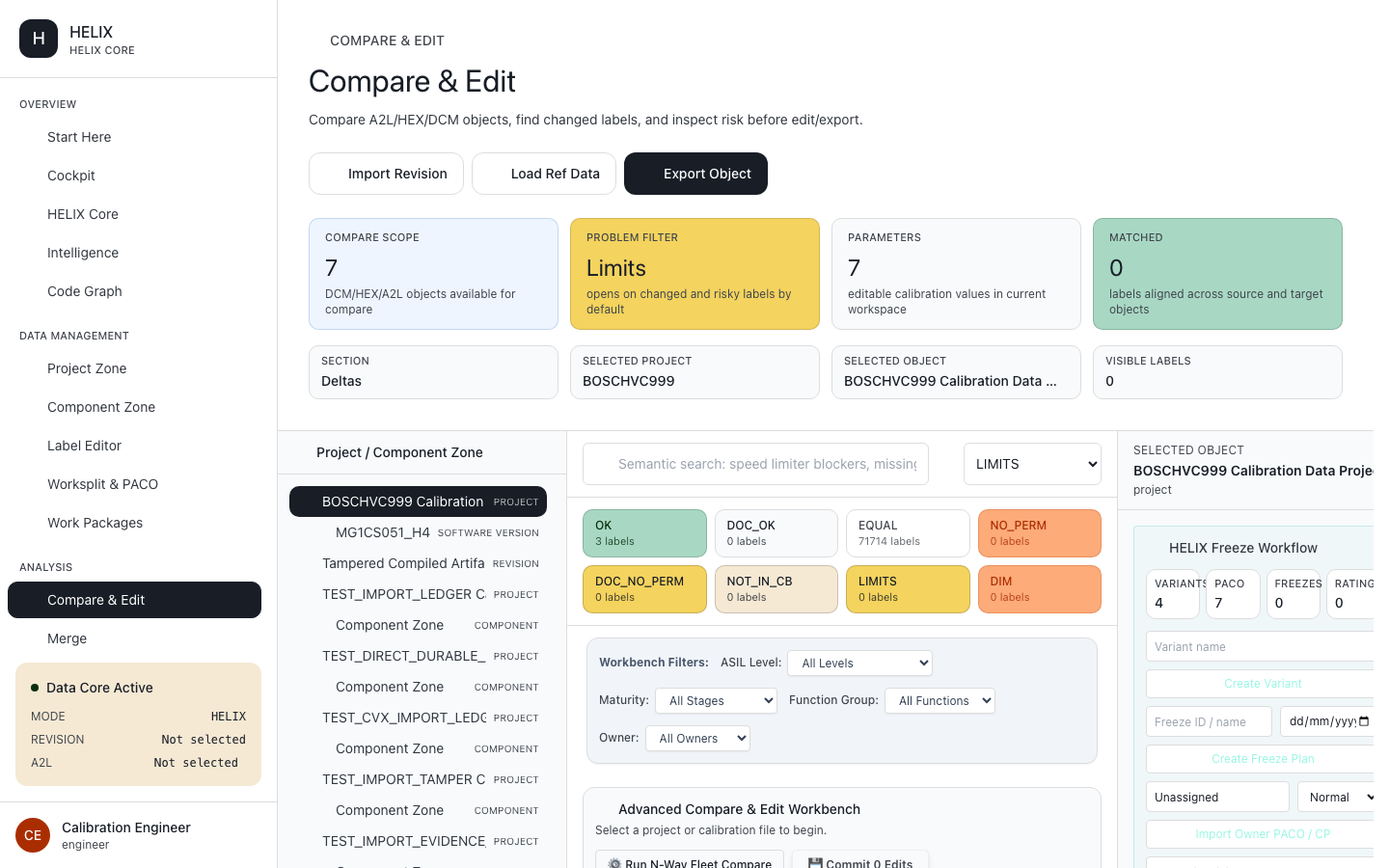 HELIX Compare and Edit view diffing calibration values, limits, and changed maps against a base dataset