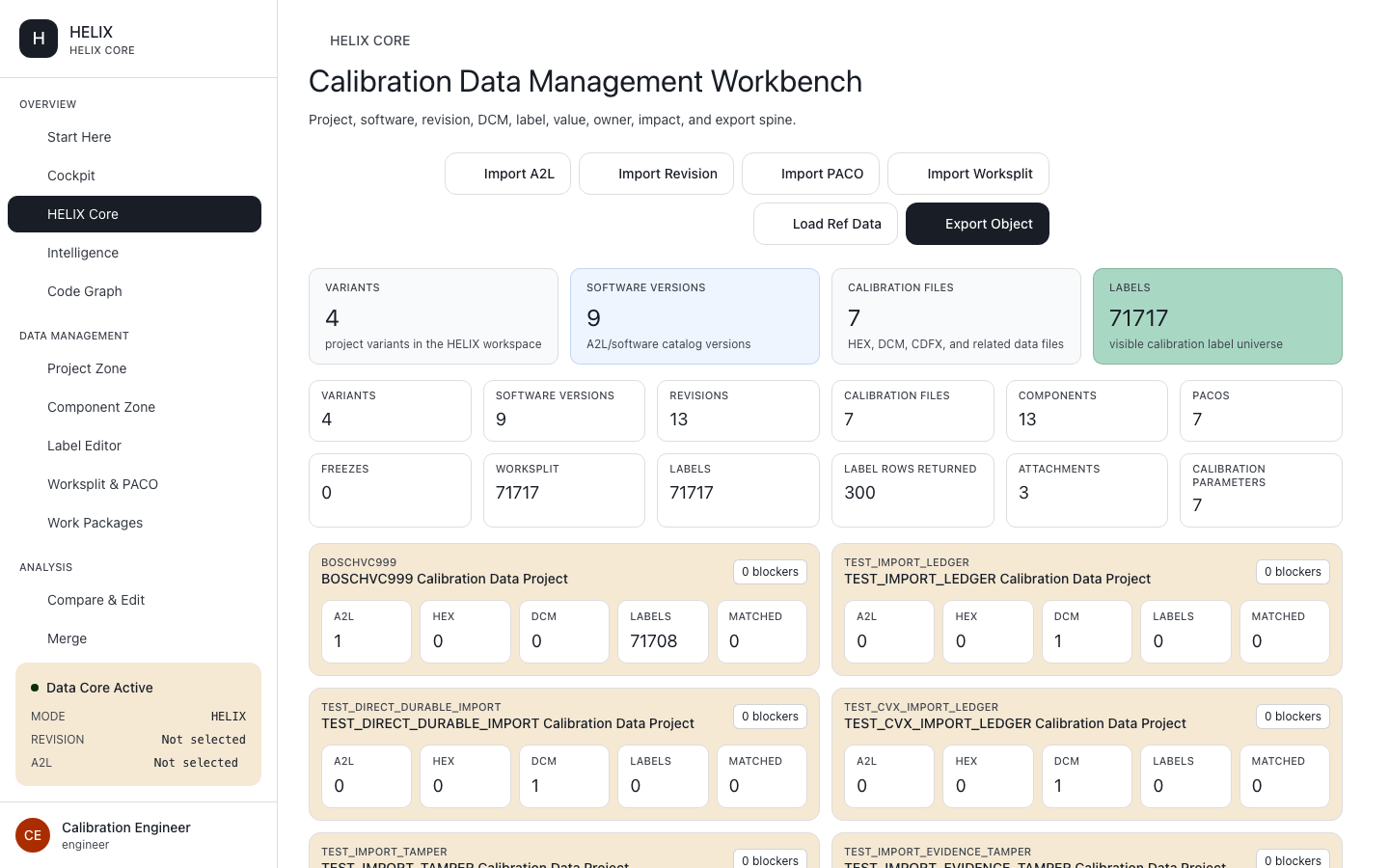 HELIX calibration data management workbench listing variants, software versions, calibration files, and labels