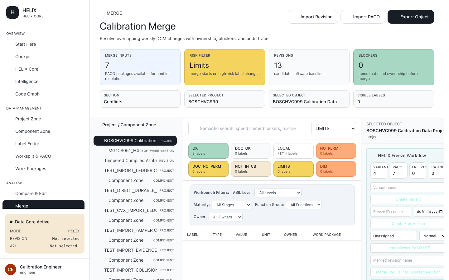 HELIX calibration merge view resolving overlapping DCM changes with conflicts and an audit trail